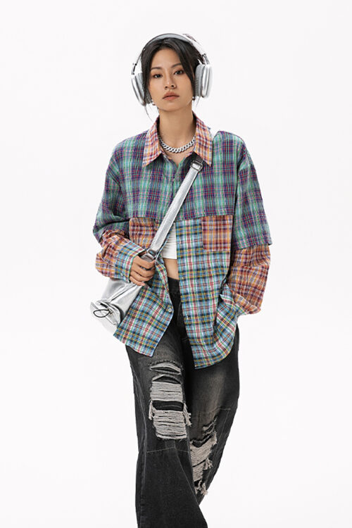 8001200 Women's American Retro Color-Block Plaid Paneled Long-Sleeve Shirt - Loose Top for Spring & Autumn