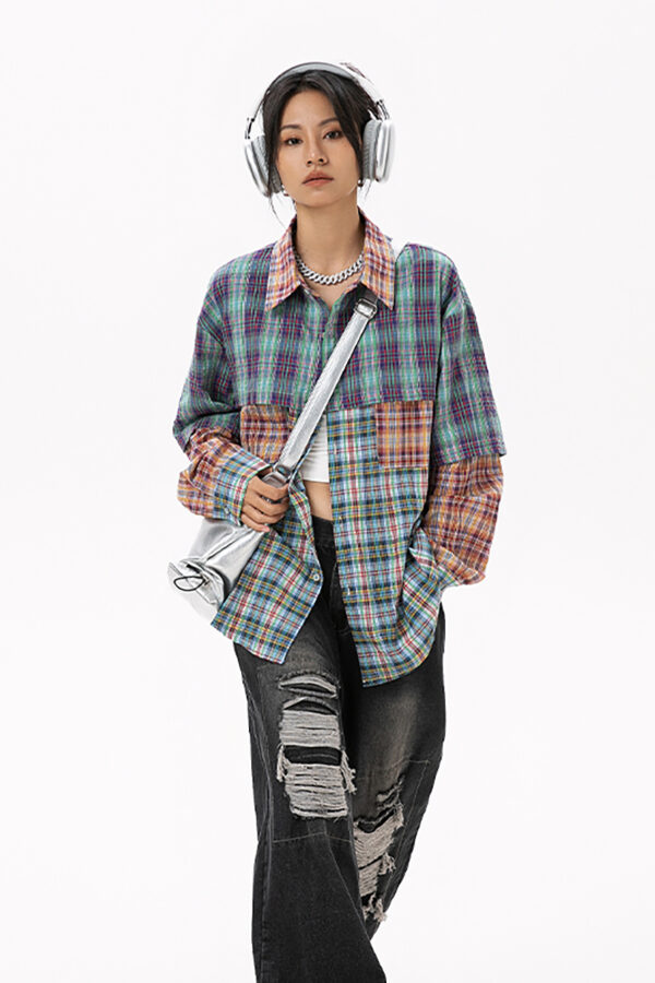 Women's American Retro Color-Block Plaid Paneled Long-Sleeve Shirt - Loose Top for Spring & Autumn