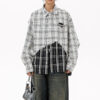 Women's American Street Style Paneled Plaid Long-Sleeve Shirt - Distressed Oversized Loose Blouse for Autumn