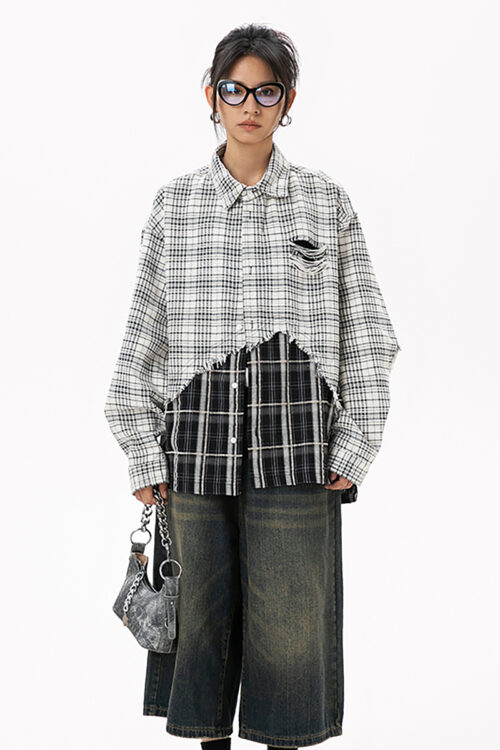 8001200 Women's American Street Style Paneled Plaid Long-Sleeve Shirt - Distressed Oversized Loose Blouse for Autumn