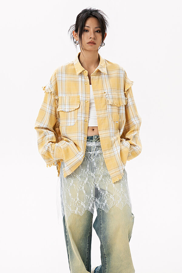 Casual Plaid Long-Sleeve Shirt with Tassels - Washed Trendy Brand Striped Blouse