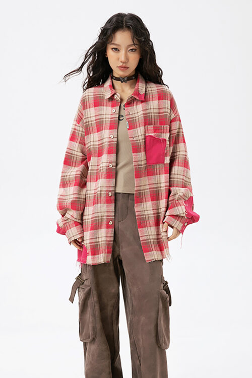 8001200 Women's American Retro Tassel Paneled Plaid Long-Sleeve Loose Shirt