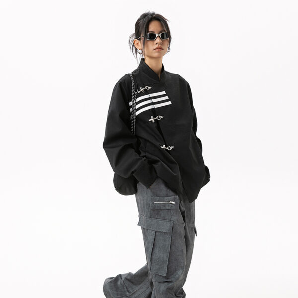 Women's American Streetwear Brand 3-Stripe Asymmetrical Placket Metal-Button Loose Jacket - Ins Trendy Outerwear