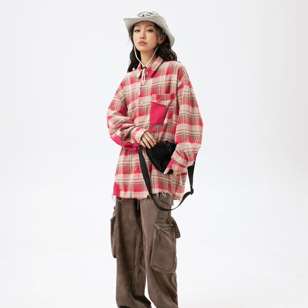Women's American Retro Tassel Paneled Plaid Long-Sleeve Loose Shirt