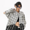 Women's American Street Style Paneled Plaid Long-Sleeve Shirt - Distressed Oversized Loose Blouse for Autumn