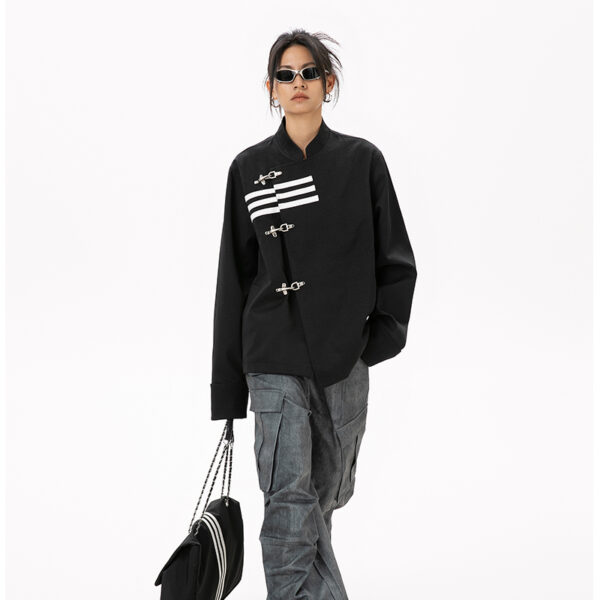Women's American Streetwear Brand 3-Stripe Asymmetrical Placket Metal-Button Loose Jacket - Ins Trendy Outerwear