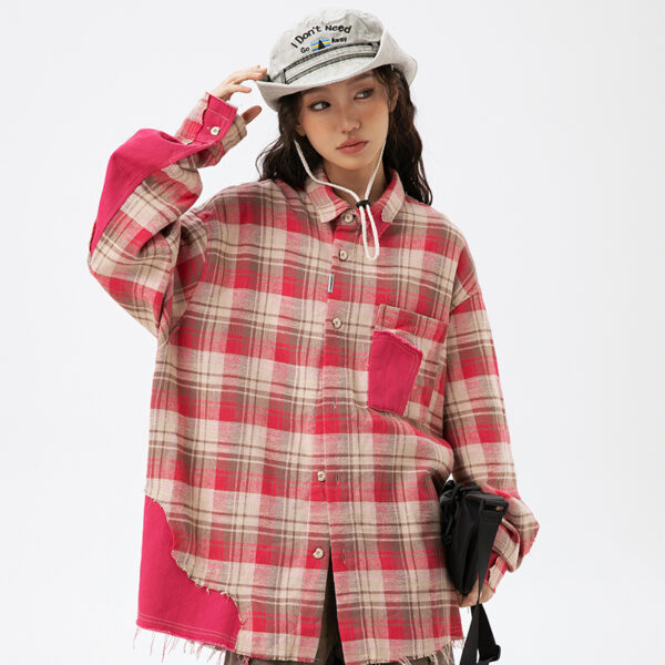Women's American Retro Tassel Paneled Plaid Long-Sleeve Loose Shirt