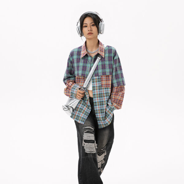 Women's American Retro Color-Block Plaid Paneled Long-Sleeve Shirt - Loose Top for Spring & Autumn