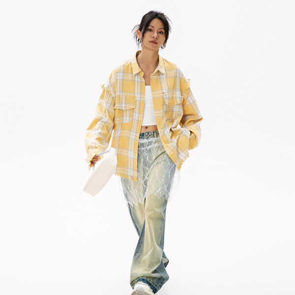 Casual Plaid Long-Sleeve Shirt with Tassels - Washed Trendy Brand Striped Blouse