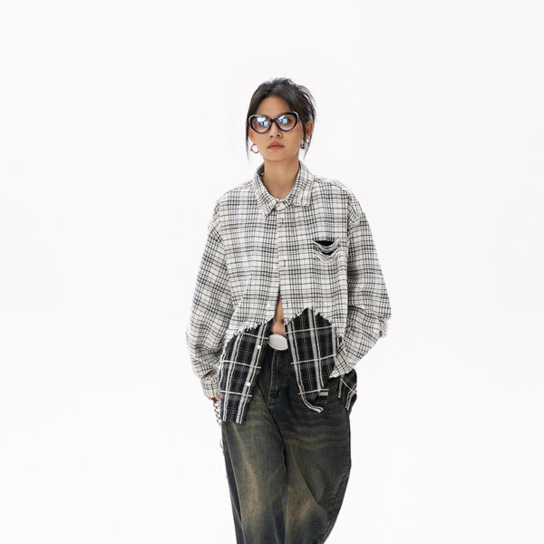 Women's American Street Style Paneled Plaid Long-Sleeve Shirt - Distressed Oversized Loose Blouse for Autumn