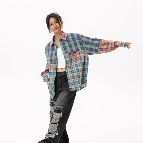 Women's American Retro Color-Block Plaid Paneled Long-Sleeve Shirt - Loose Top for Spring & Autumn