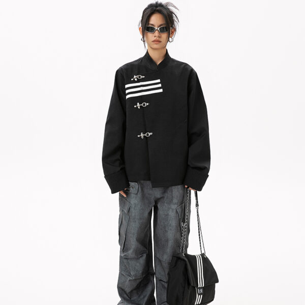 Women's American Streetwear Brand 3-Stripe Asymmetrical Placket Metal-Button Loose Jacket - Ins Trendy Outerwear