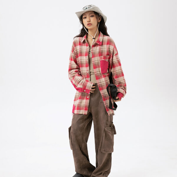 Women's American Retro Tassel Paneled Plaid Long-Sleeve Loose Shirt