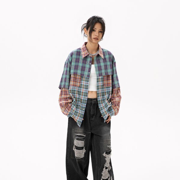 Women's American Retro Color-Block Plaid Paneled Long-Sleeve Shirt - Loose Top for Spring & Autumn