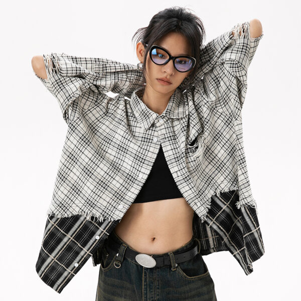Women's American Street Style Paneled Plaid Long-Sleeve Shirt - Distressed Oversized Loose Blouse for Autumn