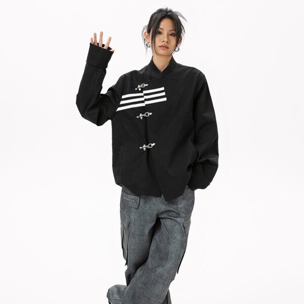 Women's American Streetwear Brand 3-Stripe Asymmetrical Placket Metal-Button Loose Jacket - Ins Trendy Outerwear