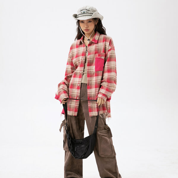 Women's American Retro Tassel Paneled Plaid Long-Sleeve Loose Shirt