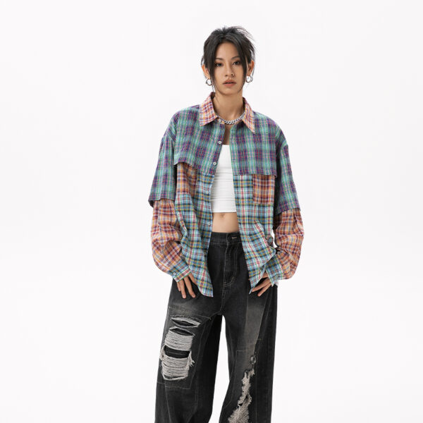 Women's American Retro Color-Block Plaid Paneled Long-Sleeve Shirt - Loose Top for Spring & Autumn