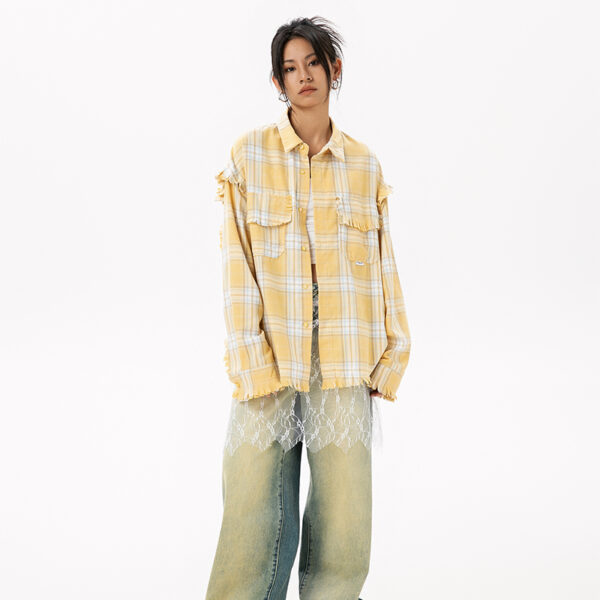 Casual Plaid Long-Sleeve Shirt with Tassels - Washed Trendy Brand Striped Blouse