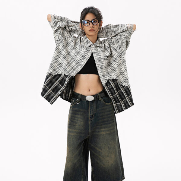 Women's American Street Style Paneled Plaid Long-Sleeve Shirt - Distressed Oversized Loose Blouse for Autumn