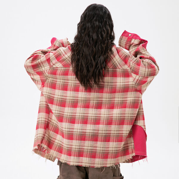 Women's American Retro Tassel Paneled Plaid Long-Sleeve Loose Shirt