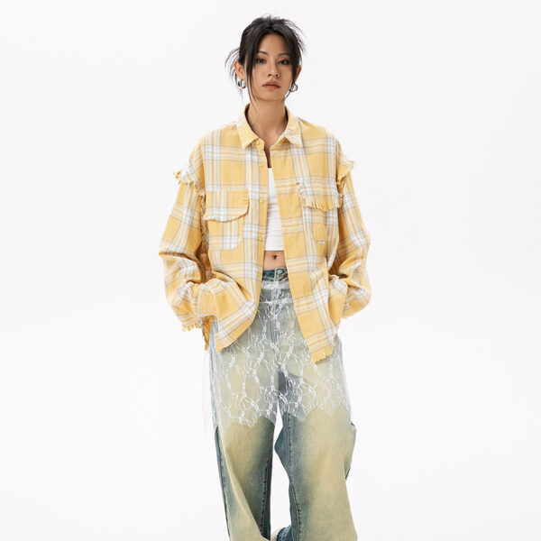 Casual Plaid Long-Sleeve Shirt with Tassels - Washed Trendy Brand Striped Blouse