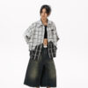 Women's American Street Style Paneled Plaid Long-Sleeve Shirt - Distressed Oversized Loose Blouse for Autumn