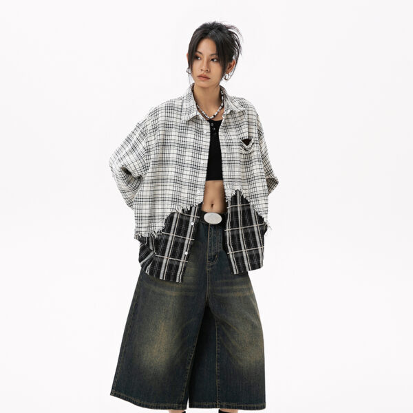 Women's American Street Style Paneled Plaid Long-Sleeve Shirt - Distressed Oversized Loose Blouse for Autumn