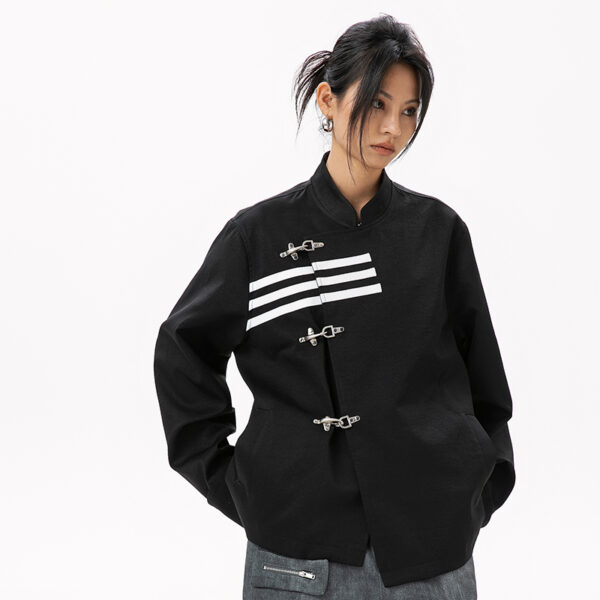 Women's American Streetwear Brand 3-Stripe Asymmetrical Placket Metal-Button Loose Jacket - Ins Trendy Outerwear