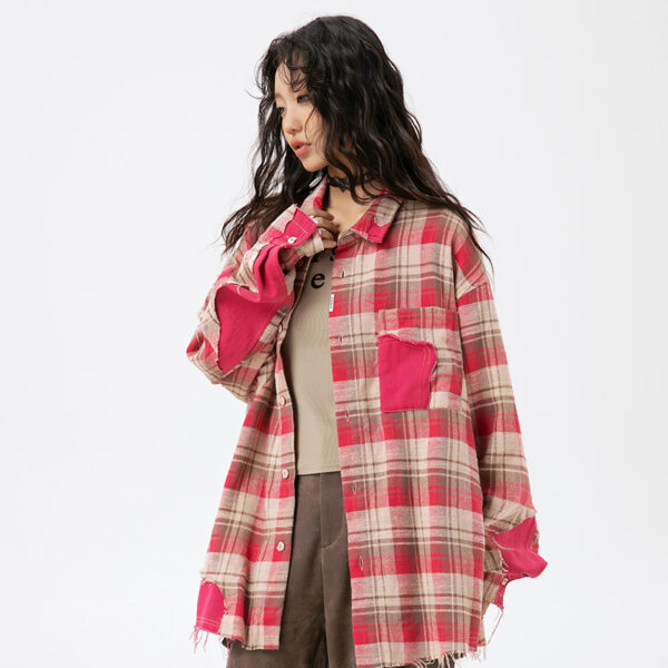 Women's American Retro Tassel Paneled Plaid Long-Sleeve Loose Shirt