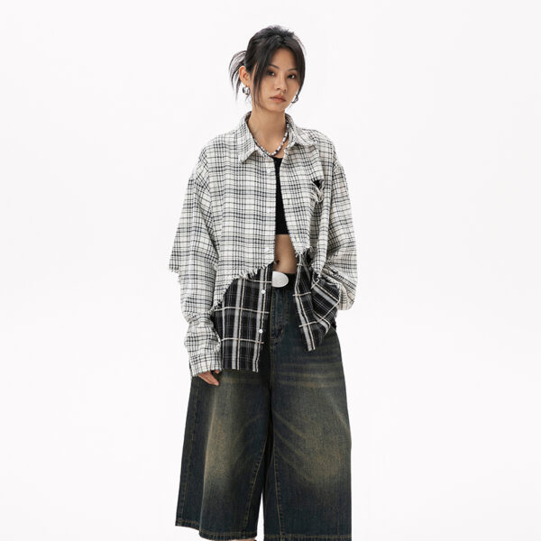 Women's American Street Style Paneled Plaid Long-Sleeve Shirt - Distressed Oversized Loose Blouse for Autumn