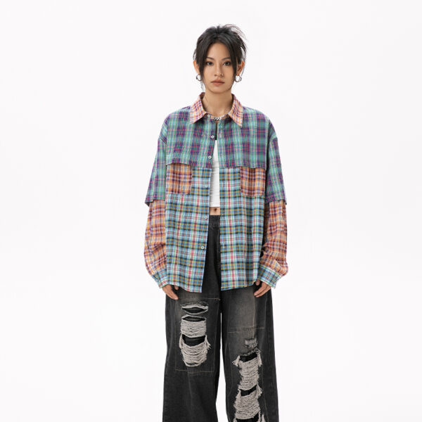 Women's American Retro Color-Block Plaid Paneled Long-Sleeve Shirt - Loose Top for Spring & Autumn