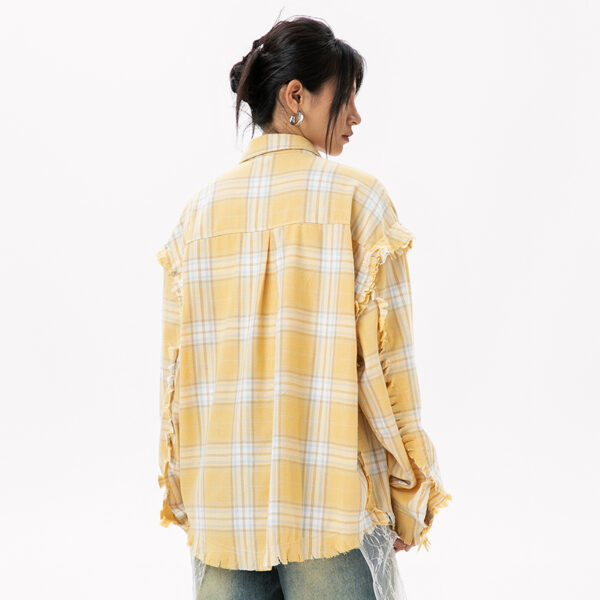 Casual Plaid Long-Sleeve Shirt with Tassels - Washed Trendy Brand Striped Blouse
