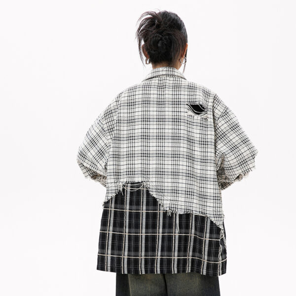 Women's American Street Style Paneled Plaid Long-Sleeve Shirt - Distressed Oversized Loose Blouse for Autumn