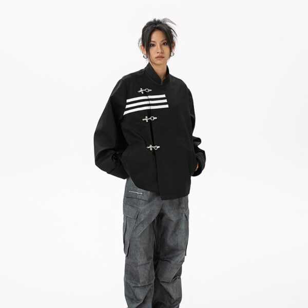 Women's American Streetwear Brand 3-Stripe Asymmetrical Placket Metal-Button Loose Jacket - Ins Trendy Outerwear