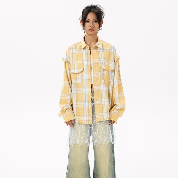 Casual Plaid Long-Sleeve Shirt with Tassels - Washed Trendy Brand Striped Blouse