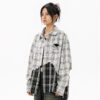 Women's American Street Style Paneled Plaid Long-Sleeve Shirt - Distressed Oversized Loose Blouse for Autumn