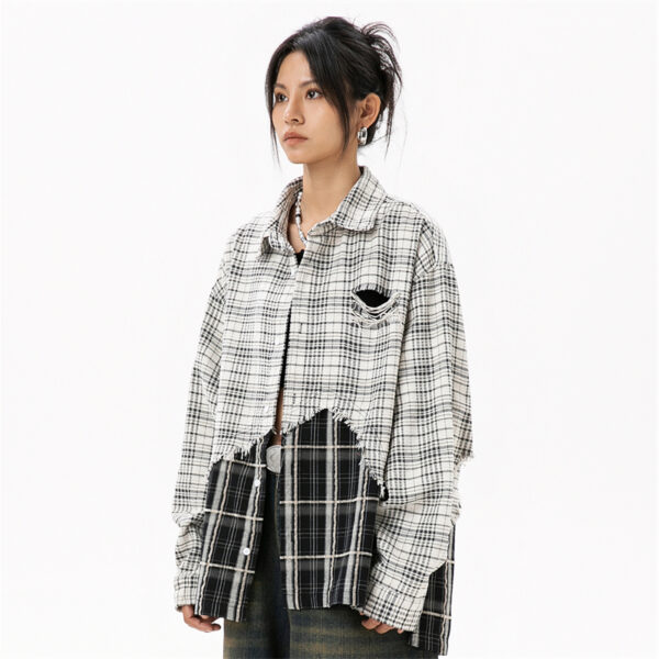 Women's American Street Style Paneled Plaid Long-Sleeve Shirt - Distressed Oversized Loose Blouse for Autumn