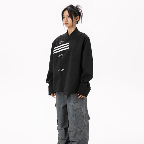 Women's American Streetwear Brand 3-Stripe Asymmetrical Placket Metal-Button Loose Jacket - Ins Trendy Outerwear