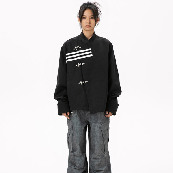 Women's American Streetwear Brand 3-Stripe Asymmetrical Placket Metal-Button Loose Jacket - Ins Trendy Outerwear
