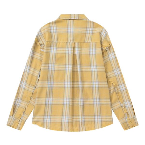 Casual Plaid Long-Sleeve Shirt with Tassels - Washed Trendy Brand Striped Blouse