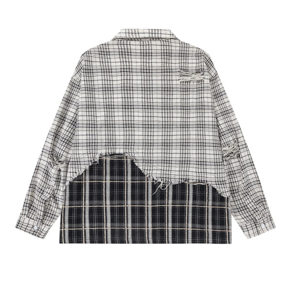 Women's American Street Style Paneled Plaid Long-Sleeve Shirt - Distressed Oversized Loose Blouse for Autumn