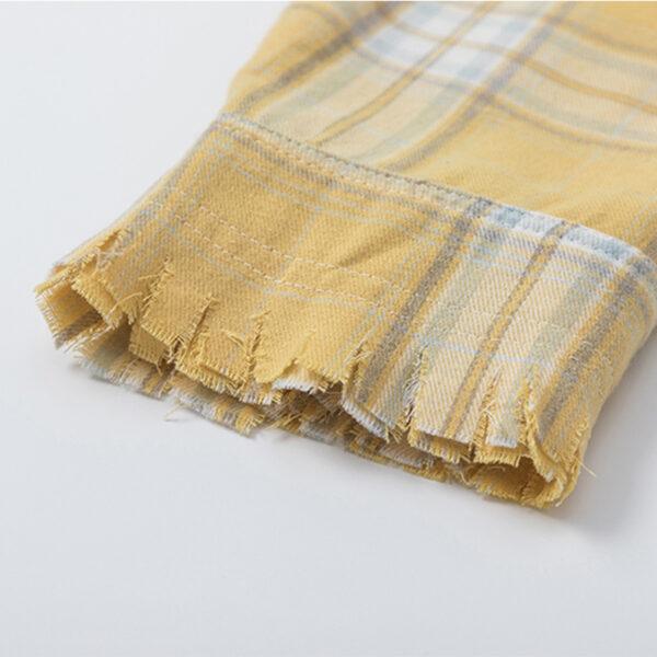 Casual Plaid Long-Sleeve Shirt with Tassels - Washed Trendy Brand Striped Blouse