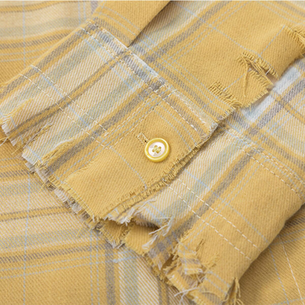 Casual Plaid Long-Sleeve Shirt with Tassels - Washed Trendy Brand Striped Blouse