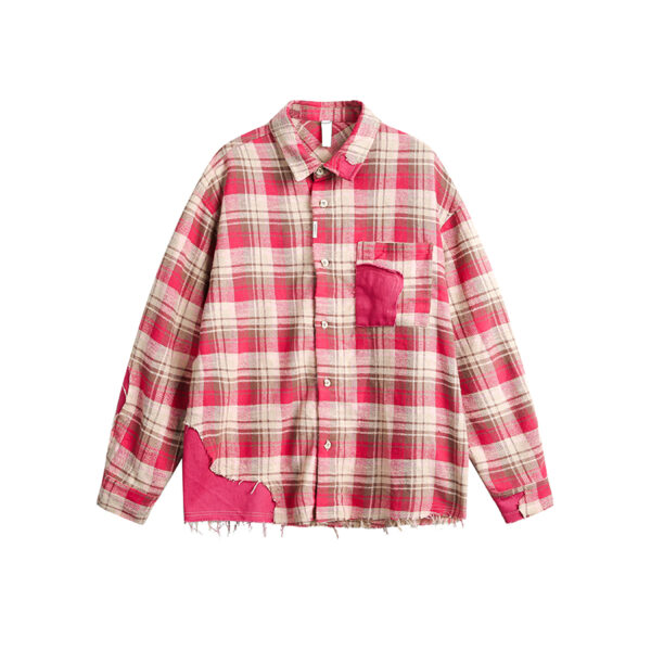 Women's American Retro Tassel Paneled Plaid Long-Sleeve Loose Shirt