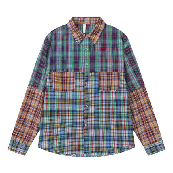 Women's American Retro Color-Block Plaid Paneled Long-Sleeve Shirt - Loose Top for Spring & Autumn