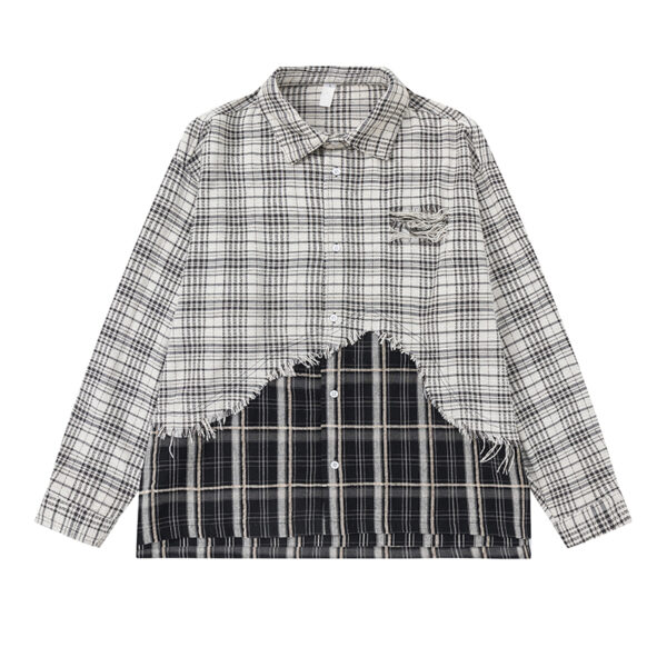Women's American Street Style Paneled Plaid Long-Sleeve Shirt - Distressed Oversized Loose Blouse for Autumn