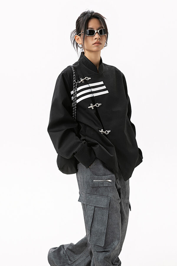 Women's American Streetwear Brand 3-Stripe Asymmetrical Placket Metal-Button Loose Jacket - Ins Trendy Outerwear