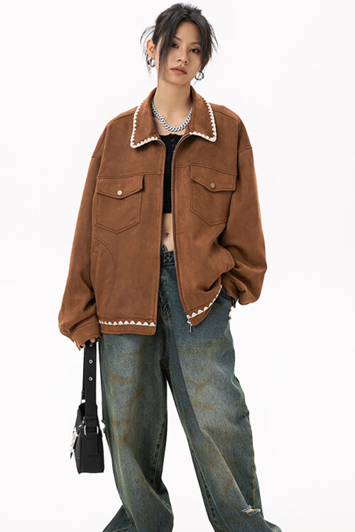 8001200 American Retro Patchwork Embroidered Suede Jacket, Japanese-style Chanel-inspired Preppy Jacket