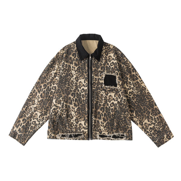 American Streetwear Reversible-Zip Leopard Print Distressed Collared Jacket, INS Trendy Outerwear